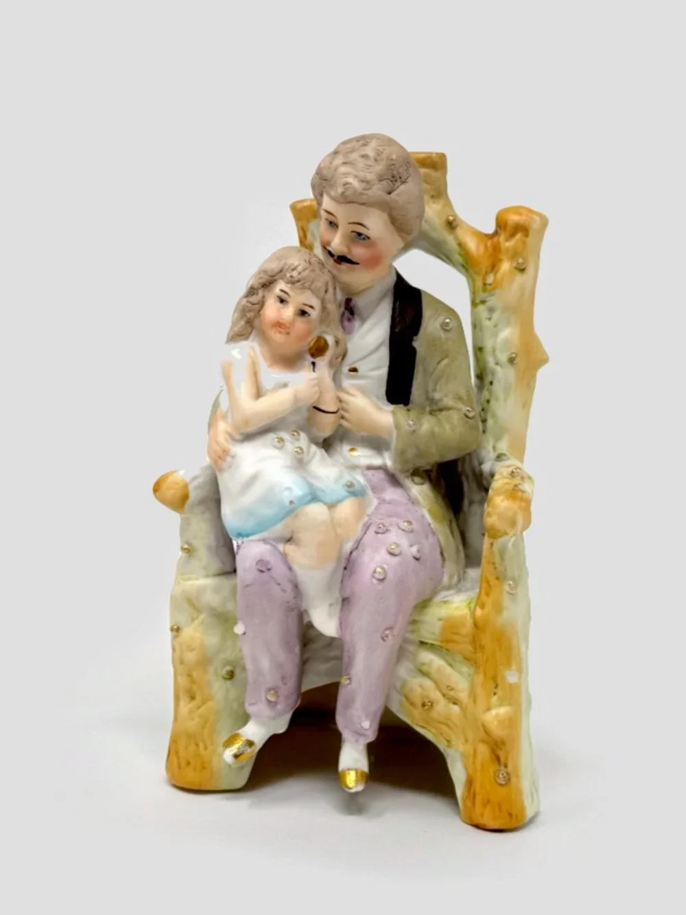 Vintage Bisque Porcelain Figurine - Father holding Daughter on Wooden Chair